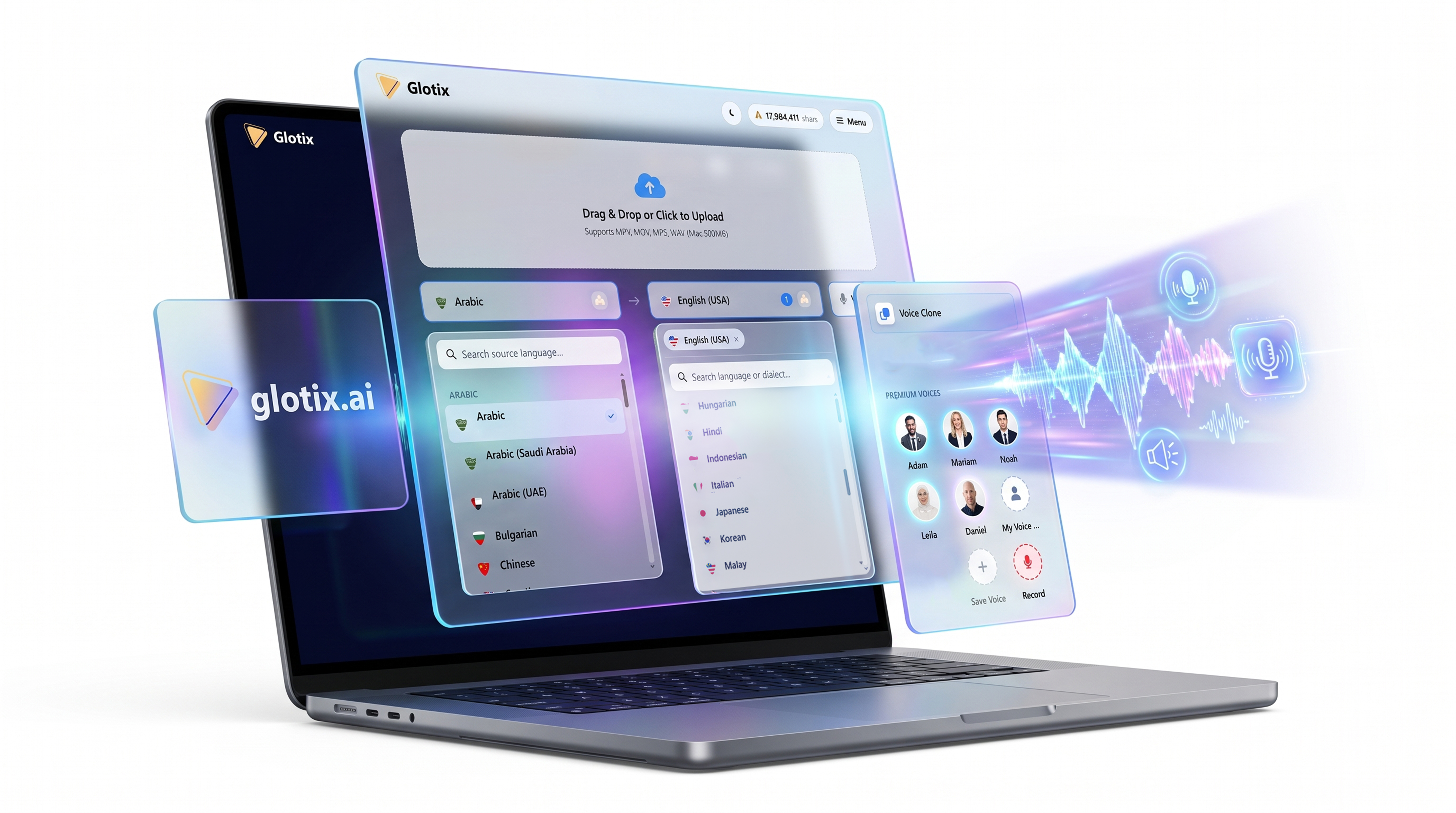 Glotix on laptop — multi-language studio